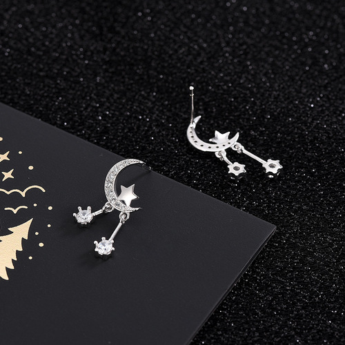 s925 silver Korean version star moon tassel earrings zircon face slimming earrings dropshipping