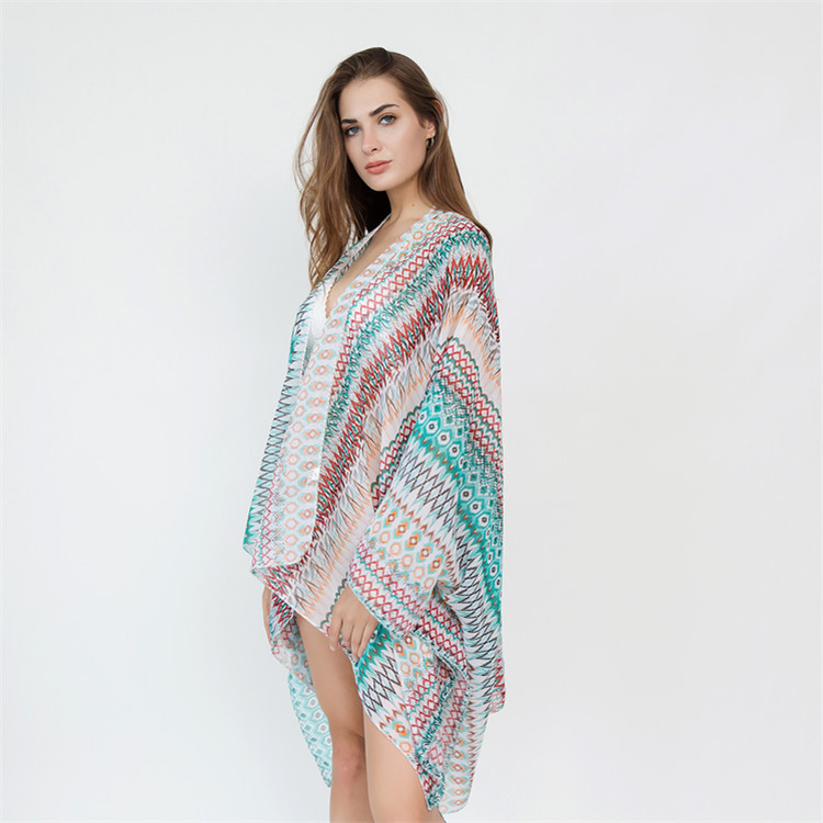 2020 nueva venta caliente estilo europeo y americano patrón geométrico playa bikini blusa protección solar kimono cardigan