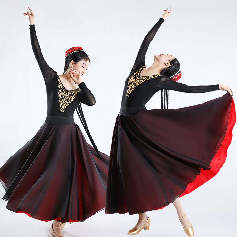 Xinjiang bordado traje del funcionamiento de la danza uygur Hui College práctica Top mujer adulto jumpsuit manga larga