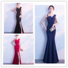 Slant collar open back slim fitting fishtail A-line dress dress with suspender dress