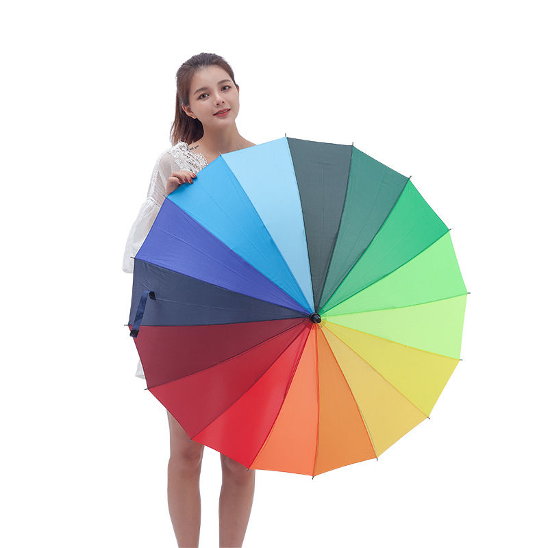 Rainbow Automatic Long Handle Umbrella with 16 Ribs and UPF 30+ UV Protection