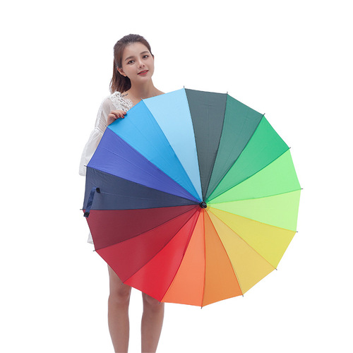 Creative 16-bone impact cloth rainbow umbrella, long-handled straight pole plain automatic umbrella, advertising umbrella printed LOGO manufacturer