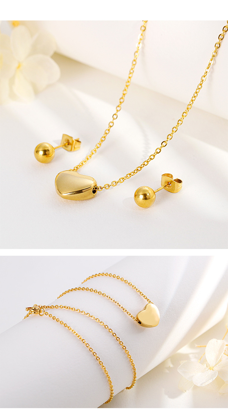 simple solid color stainless steel heart-shaped small round bead earrings two-piece set wholesale ni