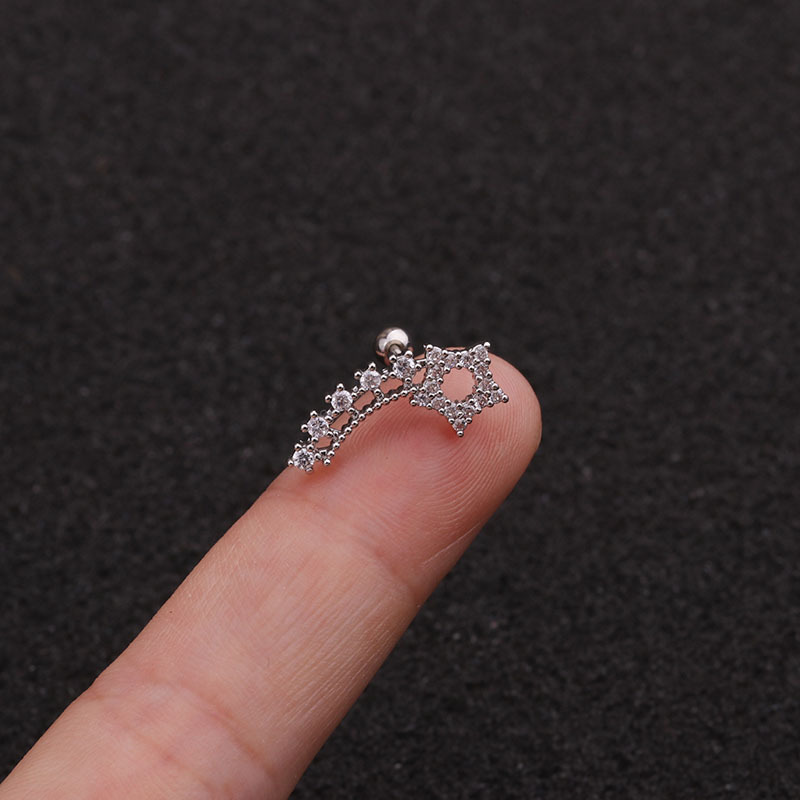 Korean version screw thin rod creative pentagonal star zircon earrings stainless steel piercing ear bone nail_voghion.com