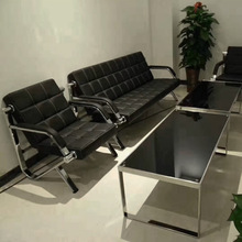 简约现代商务接待办公沙发三人位会客洽谈不锈钢西皮沙发茶几组合
