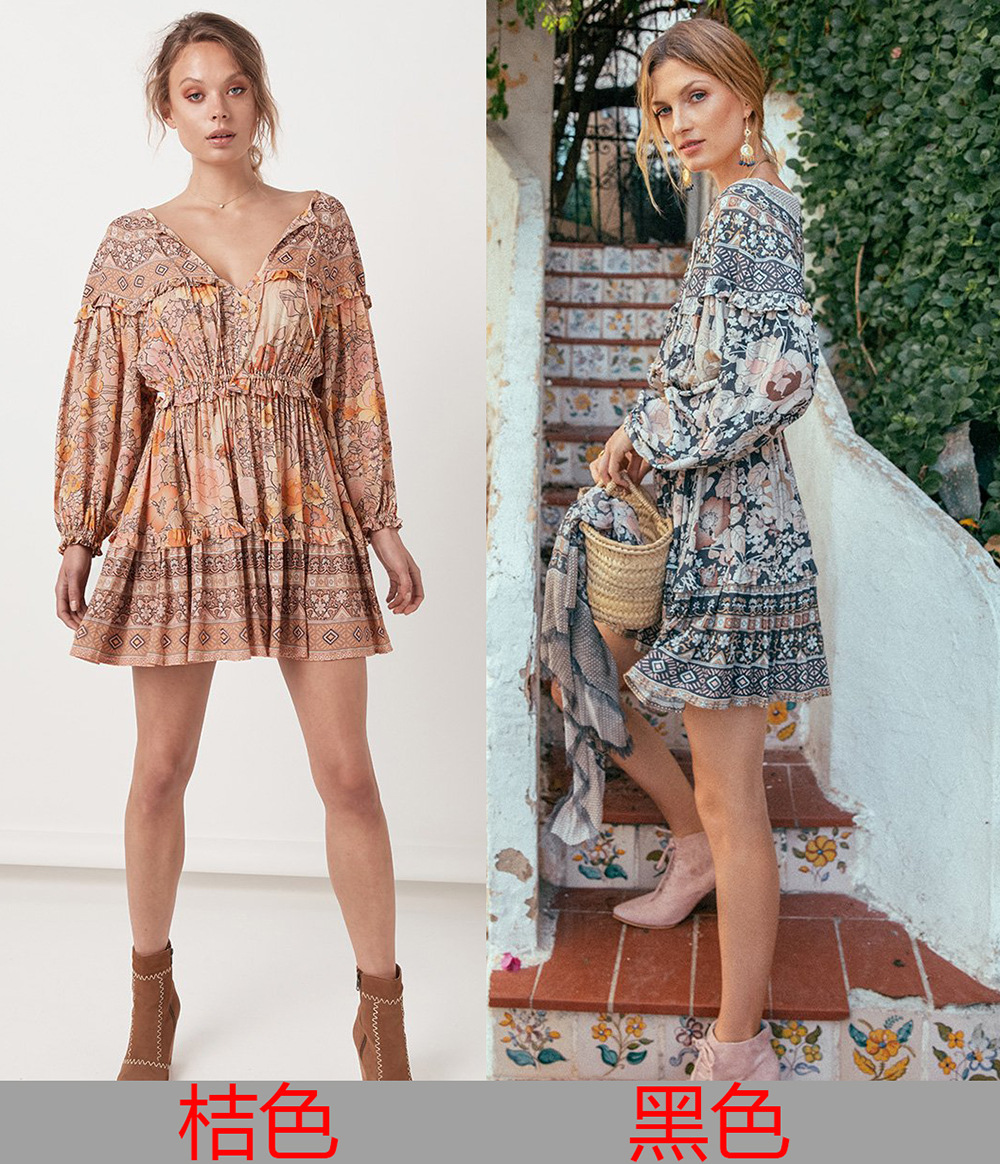 hot spring and summer new bohemian beach long sleeve V-neck lace dress  NSDF419