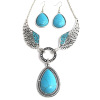 European and American fashion Versatile Concise temperament Retro Hollow diamond wing Turquoise Drop Necklace Earrings suit