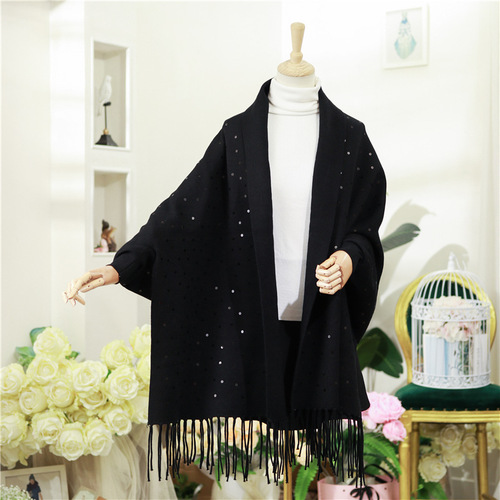 New sequined scarf shawl autumn and winter women's knitted solid color tassel cape large size loose coat to keep warm