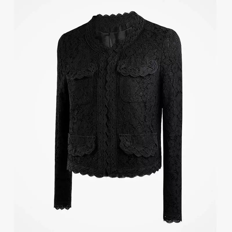 Demi-season Lace Short Jacket, Women's Fitted Velvet-Lined Cardigan, Classic Suit Style