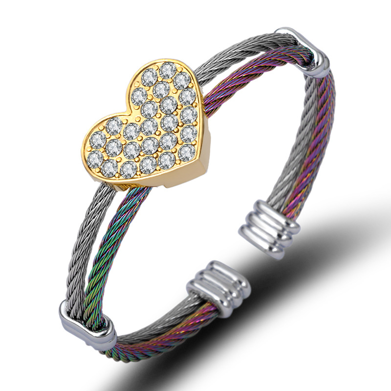 22g Weight 0.03µm Gold Plating Thickness Simple Style Heart Shape Stainless Steel Rhinestones Bangle In Bulk