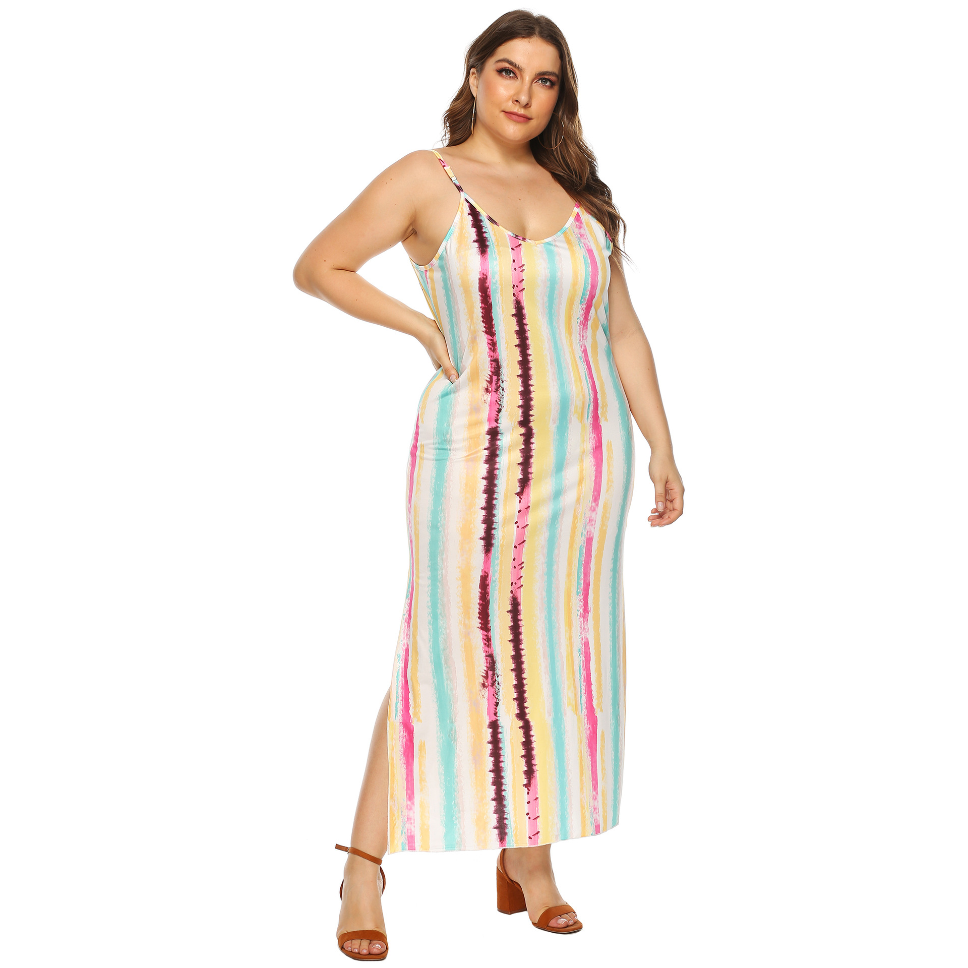 plus size stripe printing sexy open back dress NSOY45960