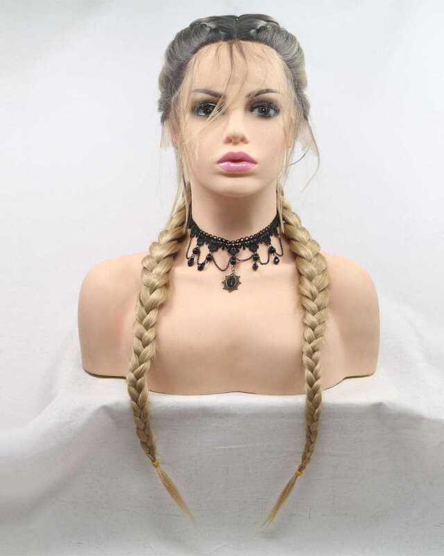 Wig European and American style Fishbone braid straight hair weaving dyeing gradient two-color double ponytail twist braid front lace chemical fiber headgear