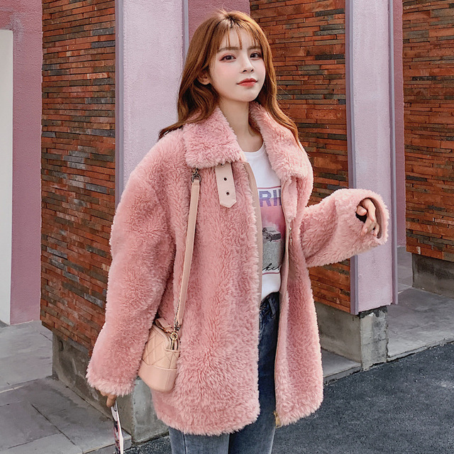 High-collar Korean version of loose lamb wool jacket
