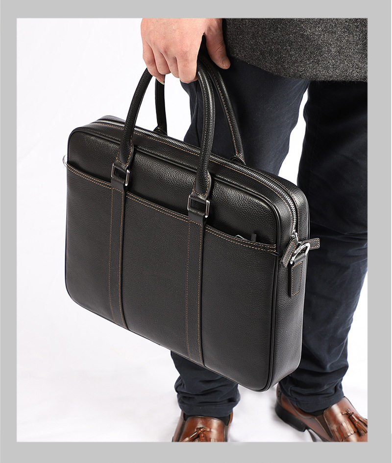 Túi xách công sở nam da bò thật dạng ngang đựng laptop 14 inch 39×28×8 cm — Màu đen dây nâu, Màu đen đường đen chi tiết 4