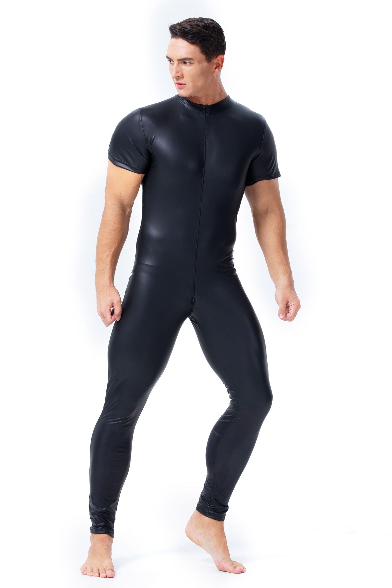 Man Patent Leather Bodysuit Stage Costume Black Muscle Men