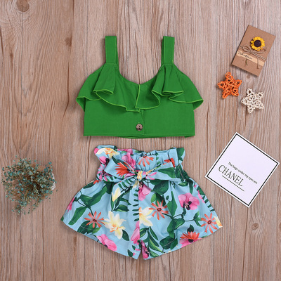 2019i summer new pattern Foreign trade girl suit Children camisole lace vest Printed Shorts Two piece set