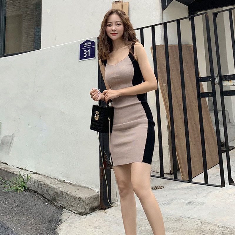 2022 Korean summer clothes new sexy splicing contrast deep V-neck vest knitted dress Hip Wrap Skirt 4219