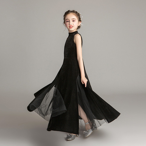 Children's Formal Dress 2024 New Arrival Black Sleeveless Model Runway & Host Long Piano Performance Outfit Girls' Princess Dress