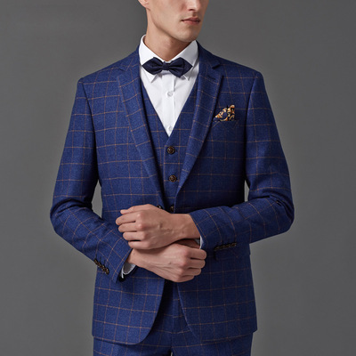 西服套裝男修身韓版夏季新款商務英倫西裝格子男士結婚禮服三件套
