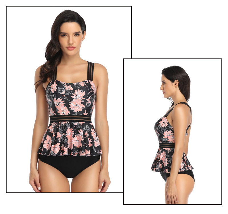 floral print/solid color ruffled sling swimsuit two-piece set （multicolor） NSGM121022