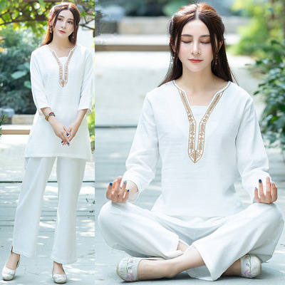 Cotton and linen yoga zen meditation clothes suit women's ethnic embroidery flower practice clothes two-piece Zen clothes