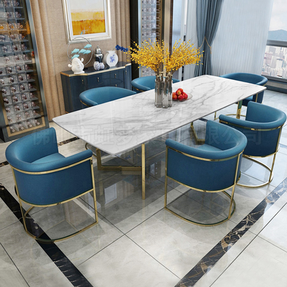 网红餐厅长方形餐桌椅配套家具[STC246]轻奢大理石镀金餐桌椅组合