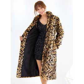 韩版女豹纹冬装加厚保暖毛绒外套长款豹纹仿皮草外套大衣休闲保暖