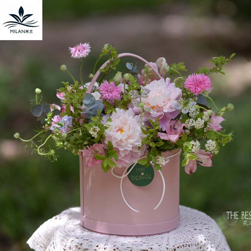 Mini cesta portátil de cuero para flores, caja de embalaje para flores, caja redonda para flores, caja de regalo, caja de regalo para arreglos florales, regalo.