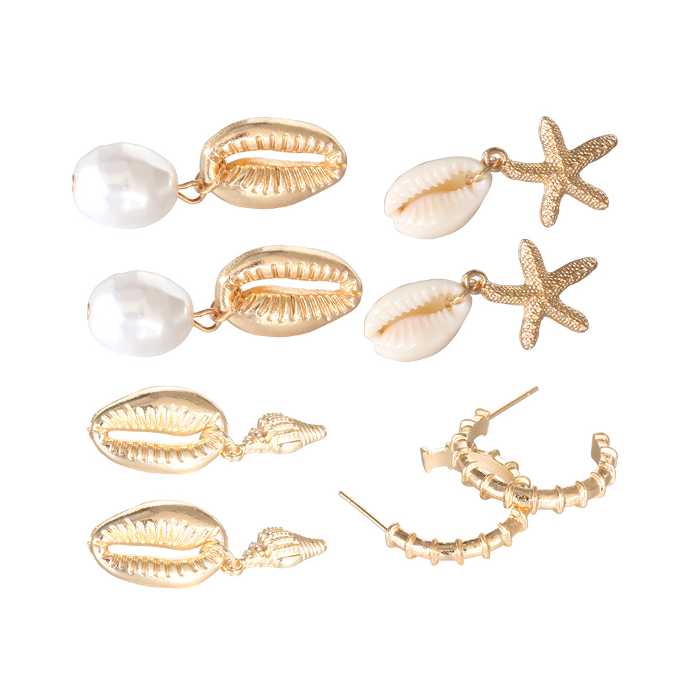 Bohemia Shells Pearl Conch Starfish Stud Earrings 4 Pairs Set Wholesale display picture 5