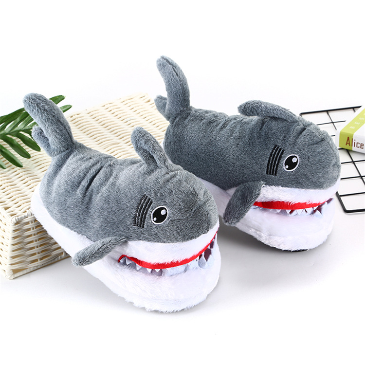 Pantofole di peluche con testa di squalo, suola spessa, 3D, per interni, calde, casa, cartone animato, scarpe di cotone_voghion.com