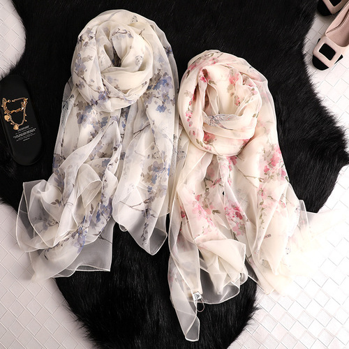 Spring and Autumn New Elegant Sunscreen Silk Scarf Women's Korean Style Long Decorative Summer Shawl Dual-Purpose Beach Towel