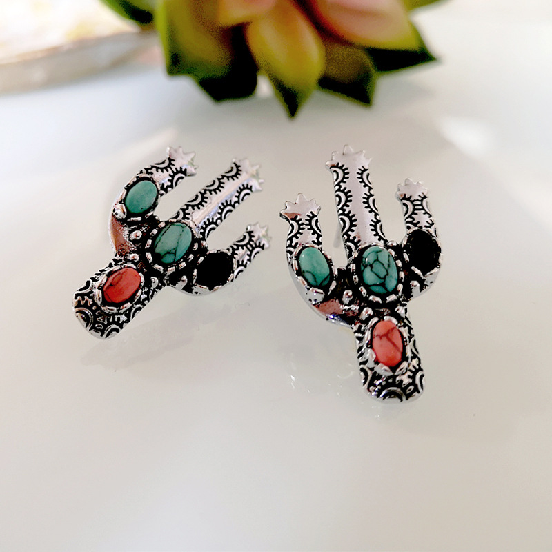 New Retro Cactus Earrings Inlaid Colorful Turquoise Exaggerated Earrings Wholesale display picture 4