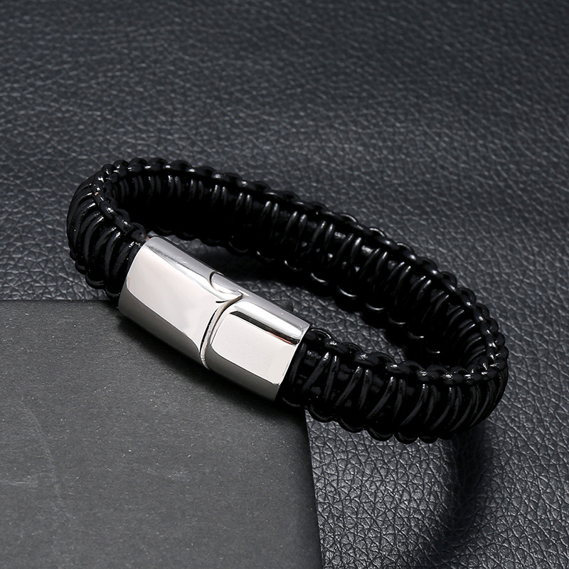 Titanium steel multilayer woven stainless steel magnet buckle leather bracelet