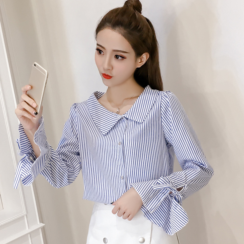 不规则V领衬衫女2019春装新款韩版条纹显瘦喇叭袖短袖上衣衬衣