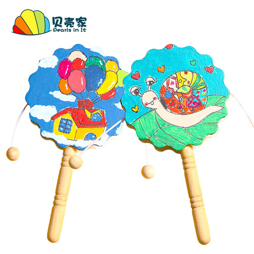 Wooden rattler small drum white blank children's DIY creative art graffiti painting hand-painted toys