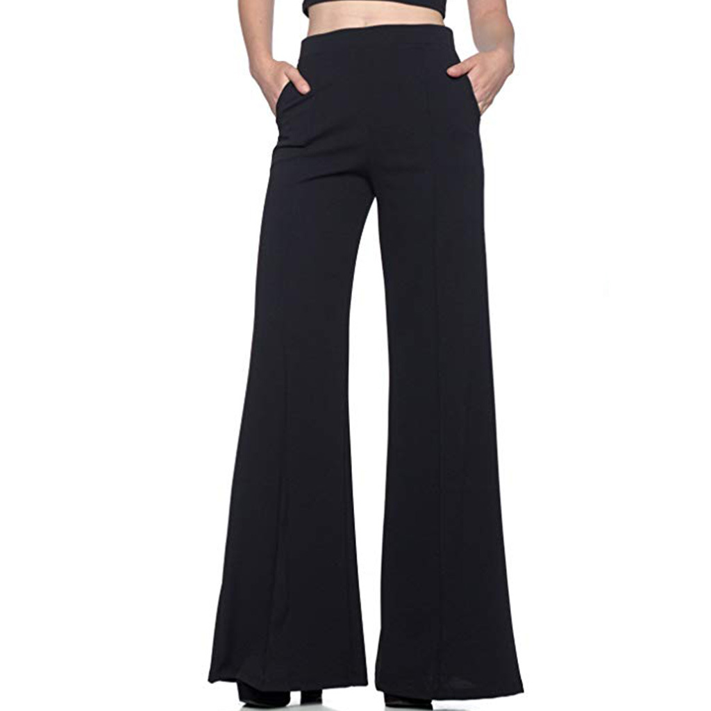 Womens Solid Color High Waist Loose Wide Legs Long Flare Trousers Fashion  Pants | eBay