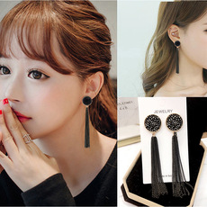 东大门S925银针耳钉黑晶石流苏耳坠 女时尚流行耳饰品批发E0030