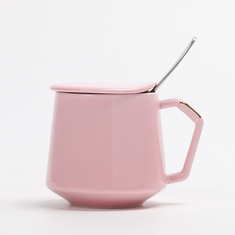 Taza de oro, taza de cerámica, taza de café, taza de agua, con tapa sin agujeros a prueba de polvo, cuchara, posavasos, LOGOTIPO tallado