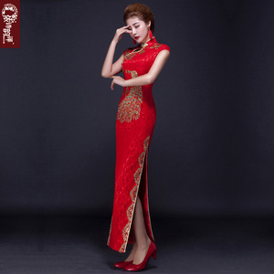  Red lace Chinese dresses qipao retro cheongsam bride toast dress lace high split stage shows red cheongsam long