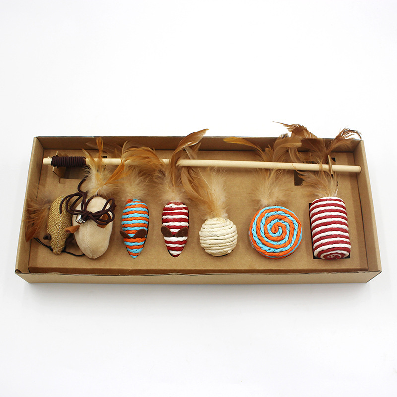 Amazon transfronteriza Venta caliente gato juguete traje de madera varilla gato divertido palo pluma ratón divertido gato mascota juguete