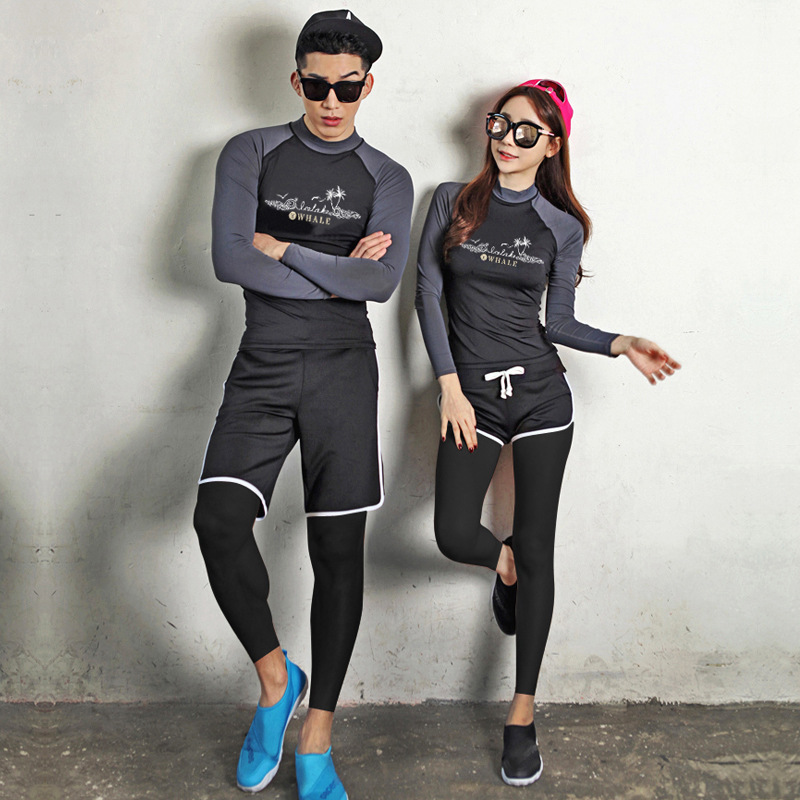 韩国新款时尚保守 运动风长袖长裤分体情侣泳衣 泡温泉泳装比基尼