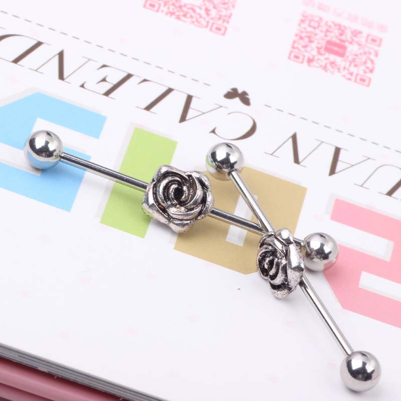 Vintage Flower Long Rod Industrial Ear Studs 316L Surgical Steel Piercing Jewelry Unisex detail image 8