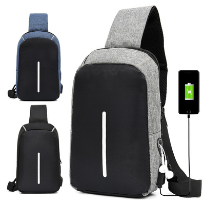 2019跨境logo創意男式USB胸包腰包戶外休閑男包多功能單肩斜跨包