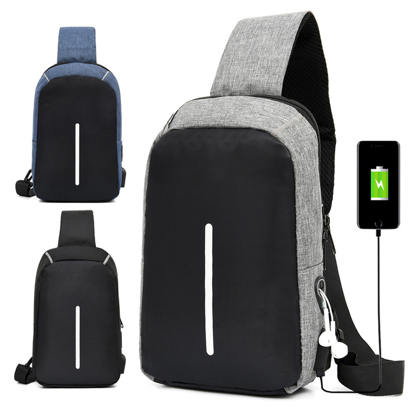 2019跨境logo創意男式USB胸包腰包戶外休閑男包多功能單肩斜跨包