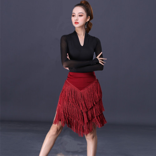 Women young girls red wine green black color Latin dance fringed skirt bottoms female adult professional practice clothes dance costumes