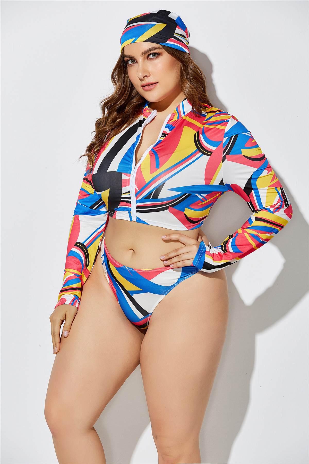 printed large size split swimwear three-piece set NSLM28961