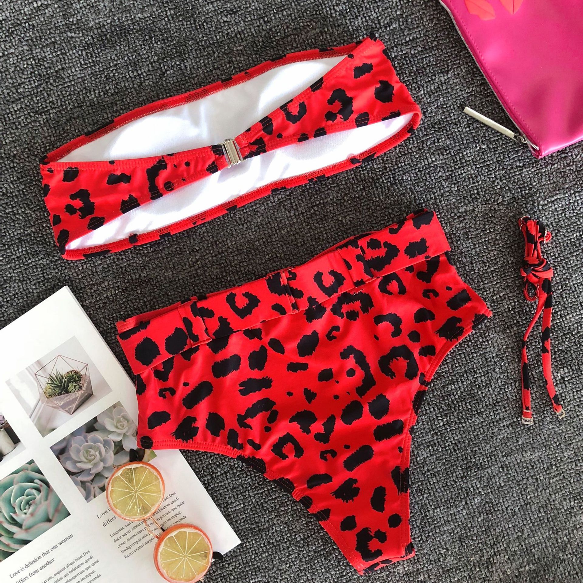 sexy red leopard tube top metal buckle belt high waist bikini two-piece swimsuit nihaostyles wholesale clothing NSCMB97583