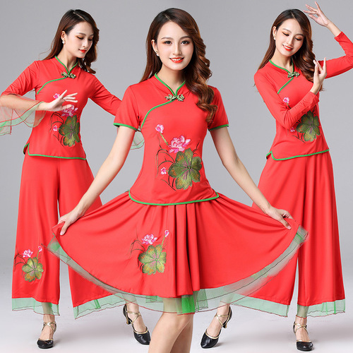 Women Chinese folk dance costumes yangko umbrella fan dance dresses square dance suit for female