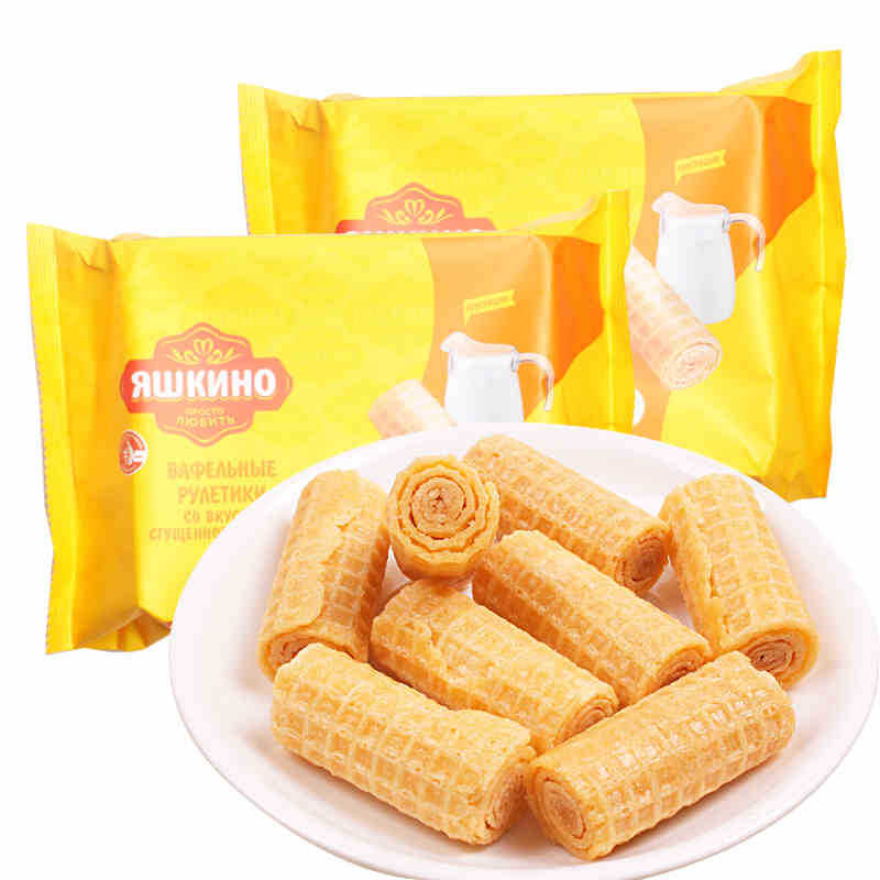 俄羅斯進口*KDV341黃蛋卷香酥脆煉乳味休閑零食夾心160克