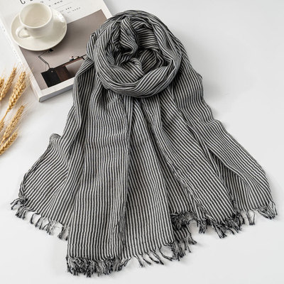 条纹围巾 日韩春秋休闲文艺复古森女系棉麻条纹保暖梭织跨境围巾